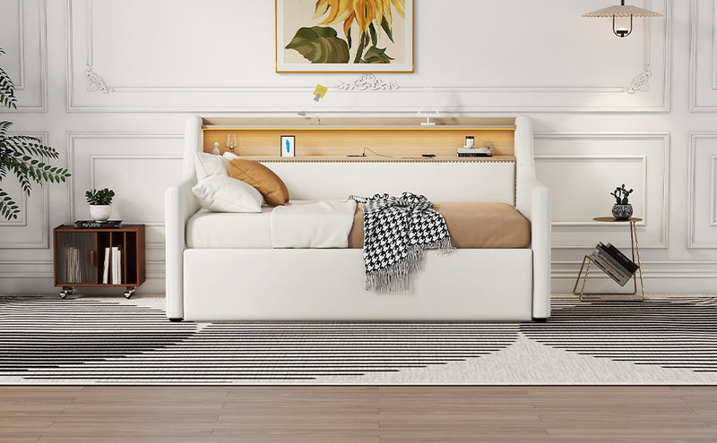 Twin Size Daybed with Hydraulic Storage, Upholstered Daybed with Lift Up Storage, Twin Leather Daybed with Charging Station and LED Lights,White(Expect arrival date Feb.13rd)