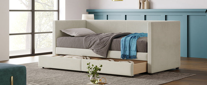 Twin Size Corduroy Daybed With Two Drawers And Wood Slat