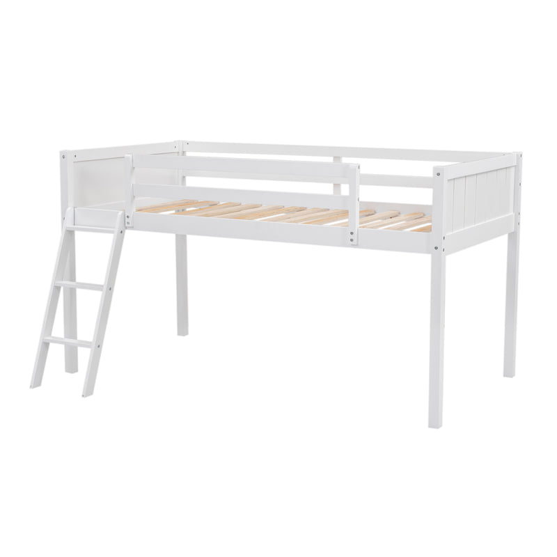 Twin Size Wood Loft Bed with Ladder, ladder can be placed on the left or right, White