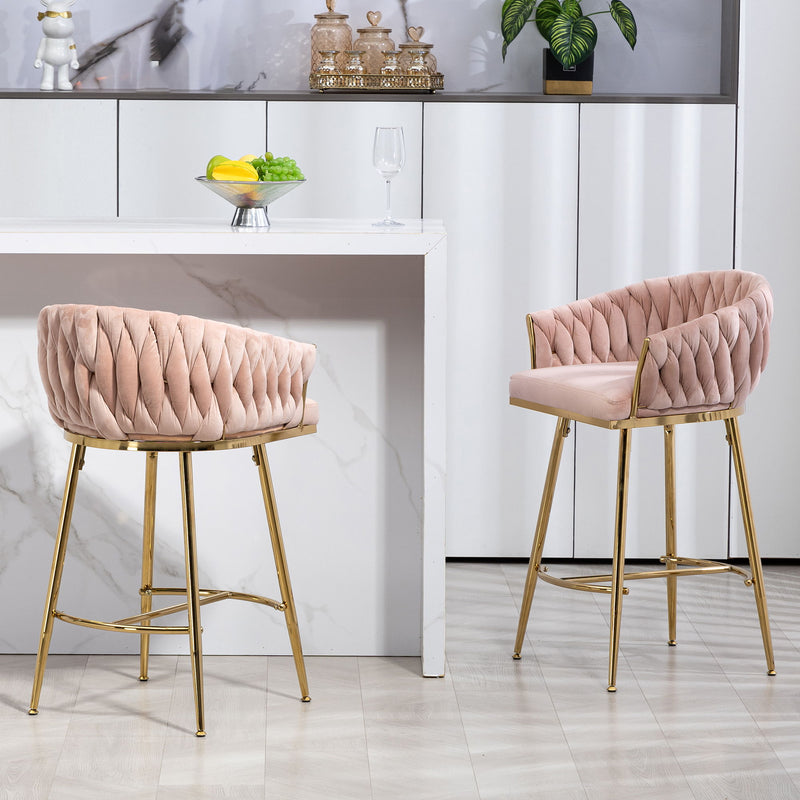 Counter Height Bar Stools (Set of 2) Kitchen Island Counter Bar Stool With Hand-Wave Back, Golden Chromed Base And Footrest - Pink