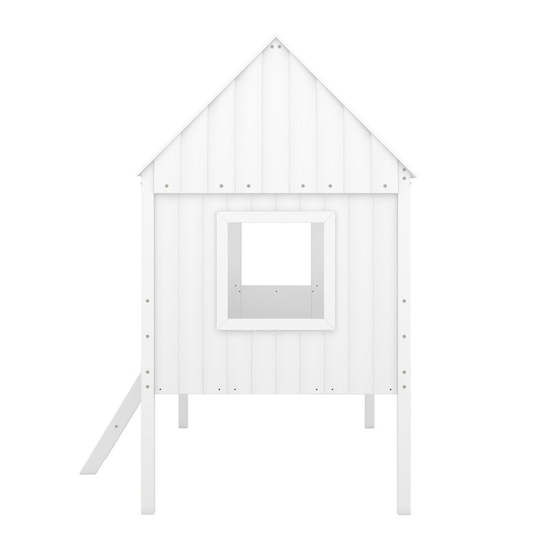 Twin Size Low Loft Wood House Bed with Two Side Windows  (White)(OLD SKU: LP000037AAK)