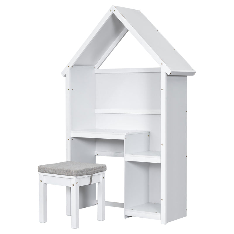 House-Shaped Kids Desk With A Cushion Stool, House-Style Desk And Stool Set