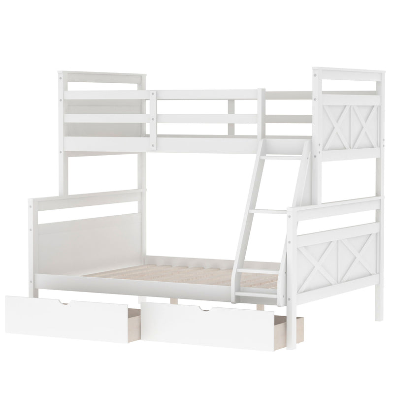 Twin Over Full Bunk Bed With Ladder, Two Storage Drawers, Safety Guardrail