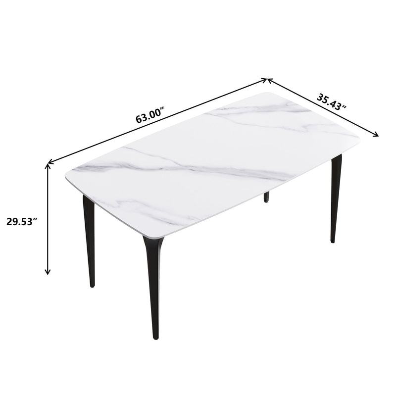 63" Modern Artificial Stone White Curved Black Metal Leg Dining Table, 6 People - White