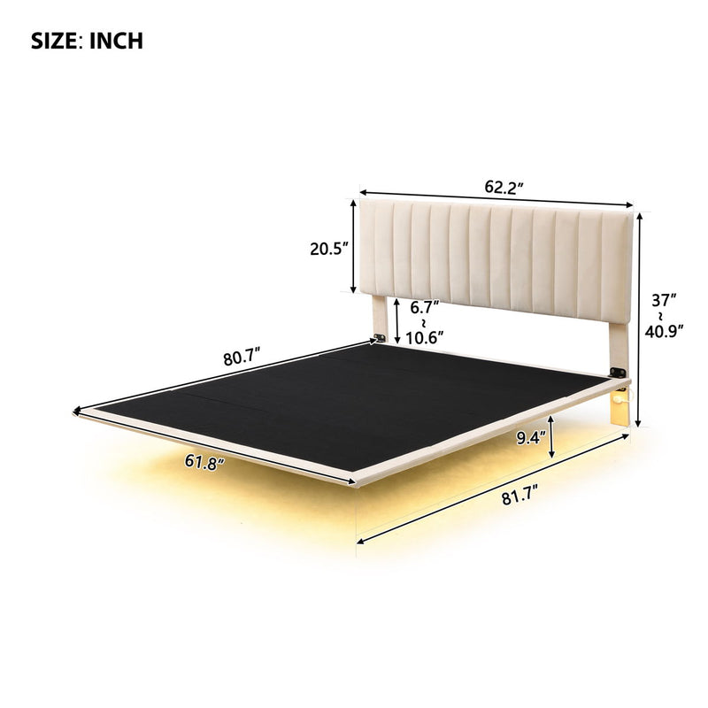 Queen Size Upholstered Bed With Sensor Light And Headboard, Floating Velvet Platform Bed - Beige