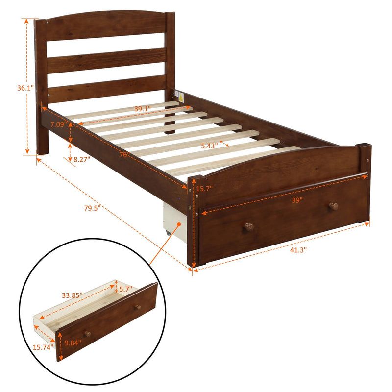 Twin Platform Bed Frame With Storage Drawer And Wood Slat Support No Box Spring Needed Walnut