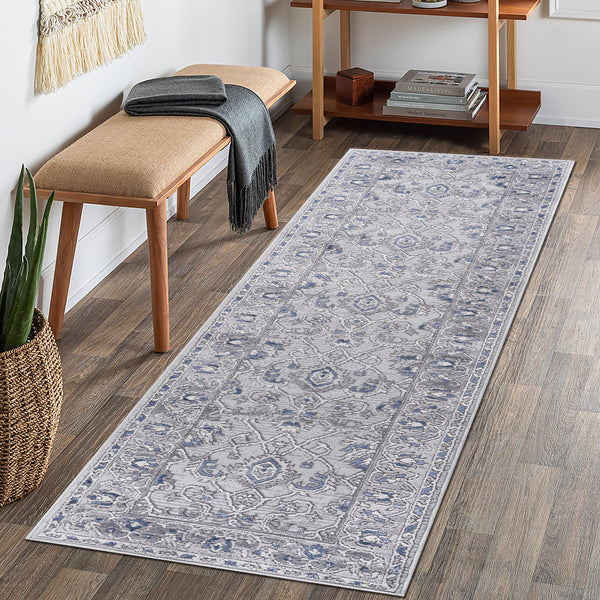 Marfi - 2' x 8' Oriental Non-Shedding Living Room Bedroom Dining Home Office Stylish And Stain Resistant Area Rug - Gray / Blue