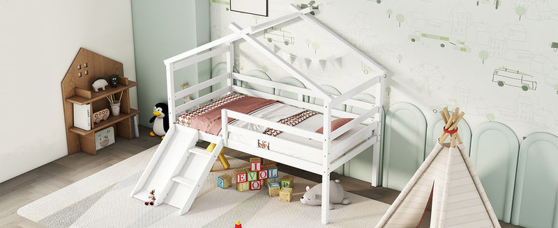 Low Loft House Bed With Slide, Ladder, Safety Guardrails, House Roof Frame