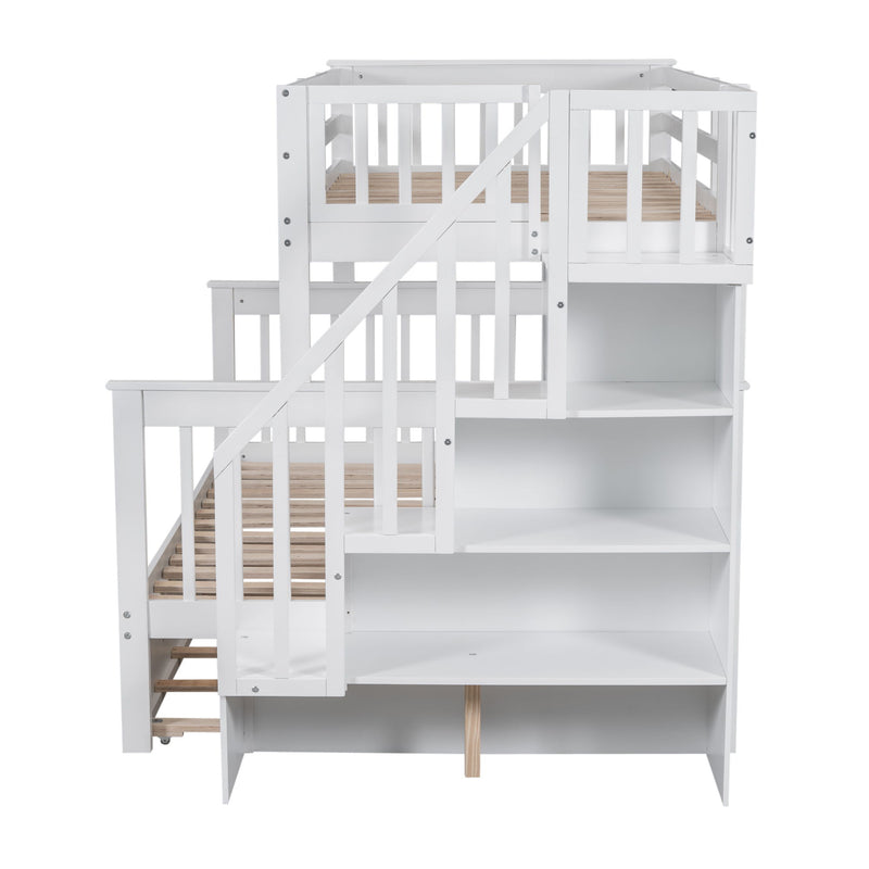 Twin Over Full Bunk Bed With Twin Size Trundle, Storage And Guard Rail For Bedroom, Dorm, For Adults - White