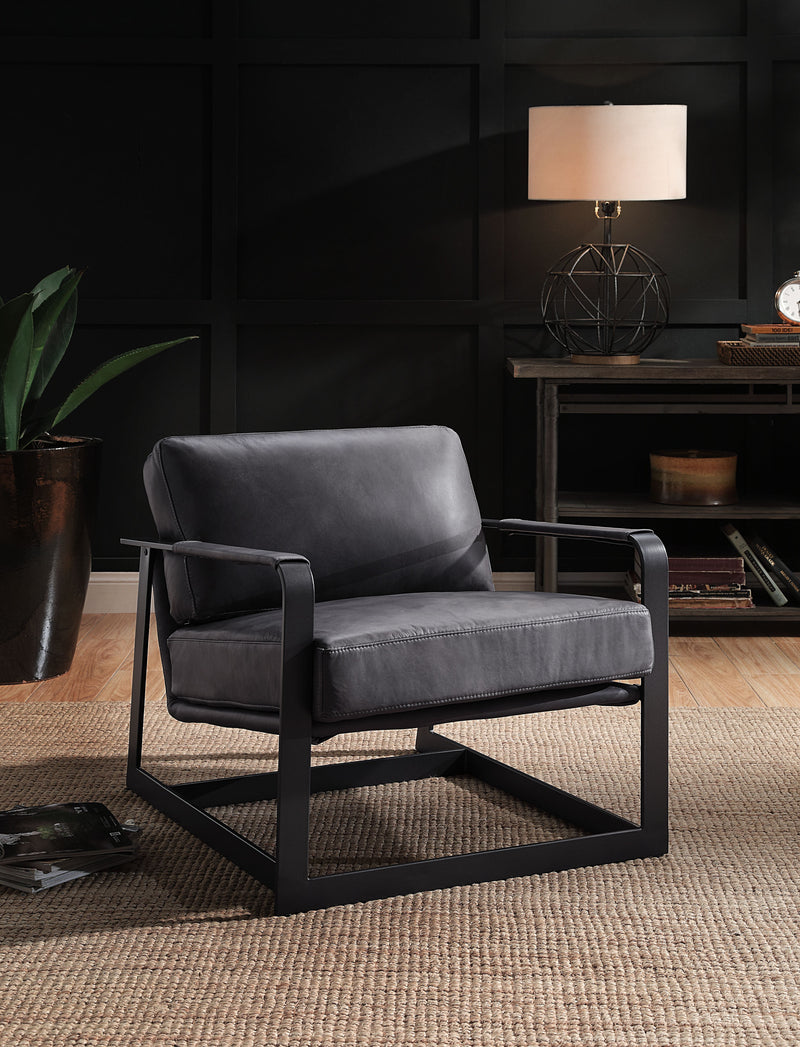 Locnos - Accent Chair - Gray Top Grain Leather & Black Finish