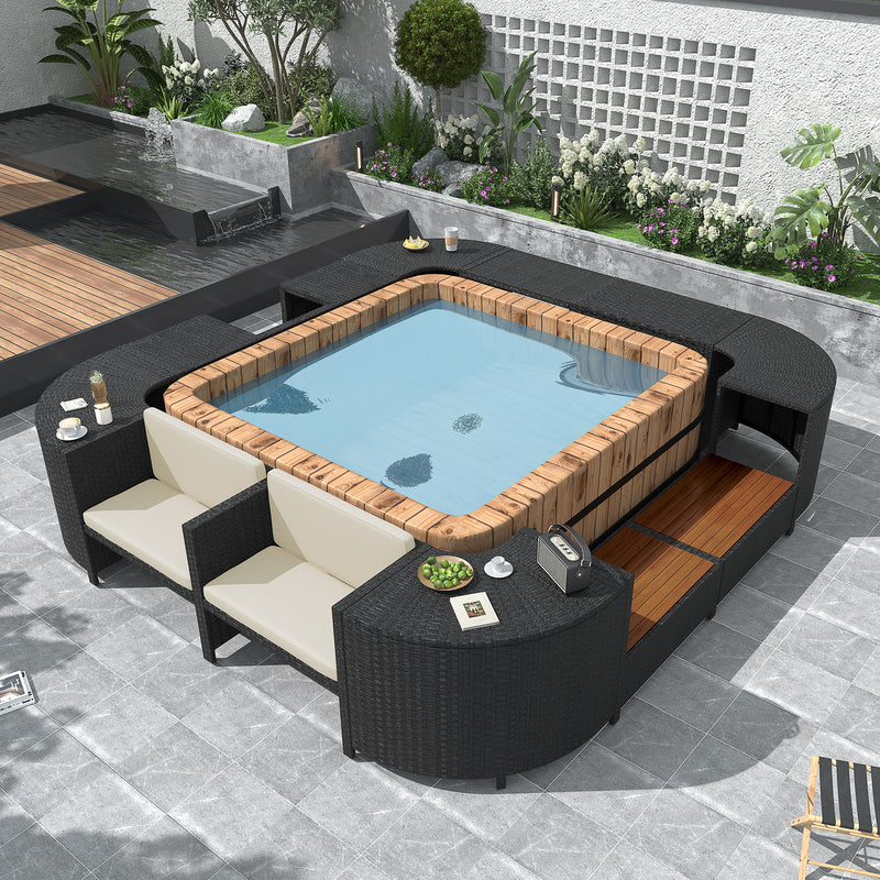 Spa Surround Spa Frame Quadrilateral Outdoor Rattan Sectional Sofa Set With Mini Sofa, Wooden Seats And Storage Spaces