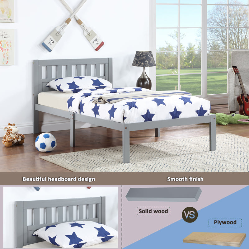 Twin Size Bed, Wood Platform Bed Frame with Headboard For Kids, Slatted, Gray