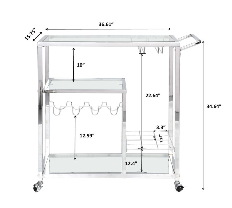 Contemporary Chrome Bar Serving Cart Tempered Glass Metal Frame Wine Storage (Silver) - Silver