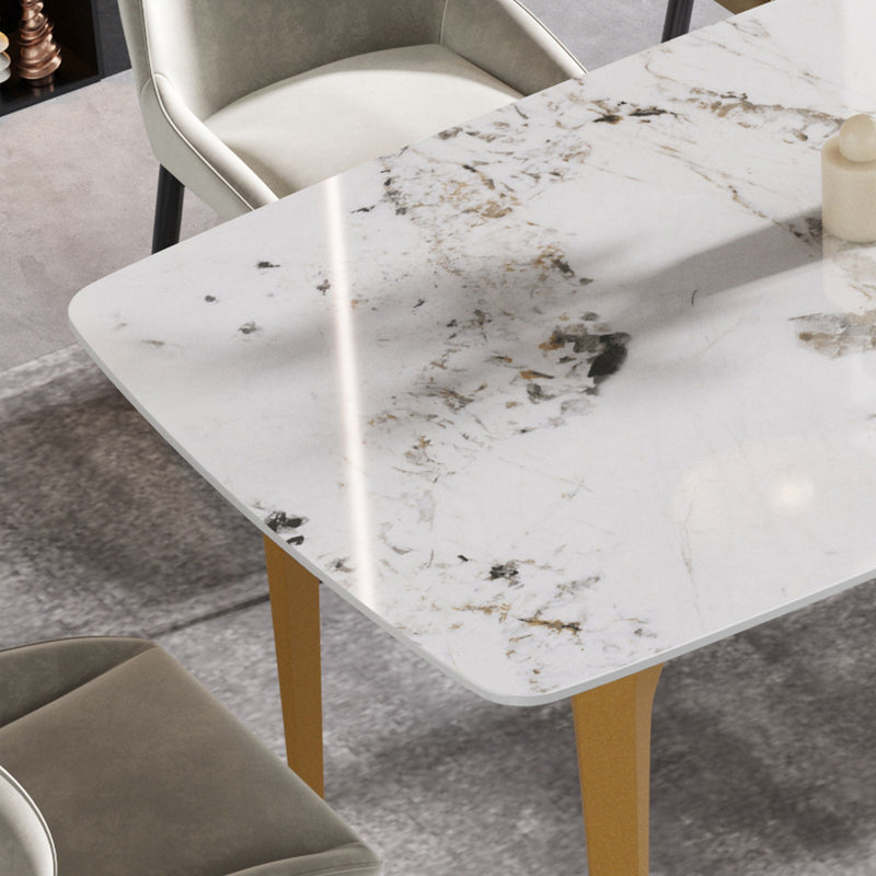 63" Modern Artificial Stone Pandora White Curved Golden Metal Leg Dining Table - Antique White / Gold