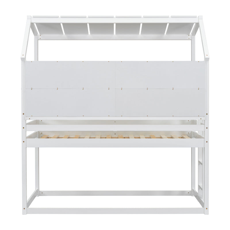 Twin House Loft Bed With Guardrails, Semi-Enclosed Roof, Bedside Shelves And Ladder - White