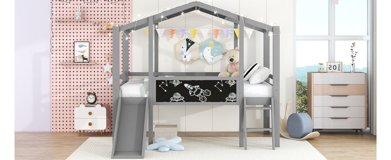 Twin Size Loft Bed with Ladder and Slide, House Bed with Blackboard and Light Strip on the Roof, Gray