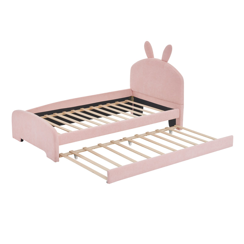 Twin Size Upholstered Platform Bed with Cartoon Ears Shaped Headboard and Trundle, Pink