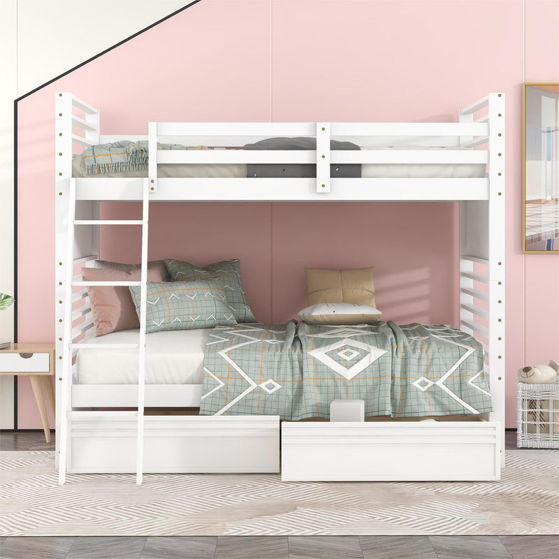 Twin over Twin Wood Bunk Bed with Two Drawers - White