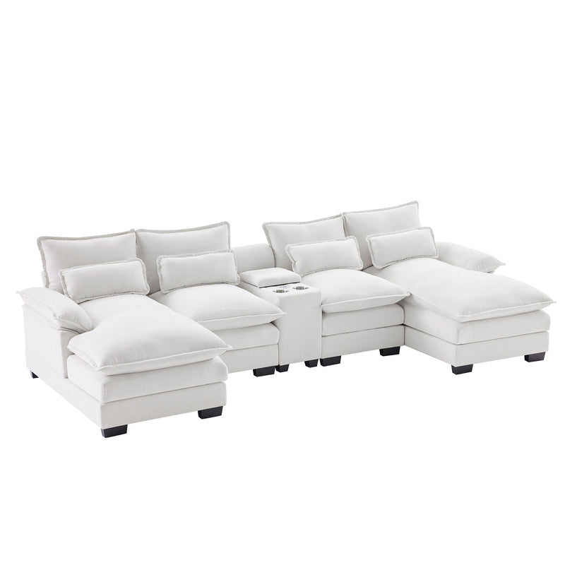 Modern U Shaped Sofa With Console, Cupholders And USB Ports, 6 Seat Upholstered Symmetrical Indoor Furniture, Sleeper Couch Set With Chaise For Living Room, Apartment, 2 Colors - White