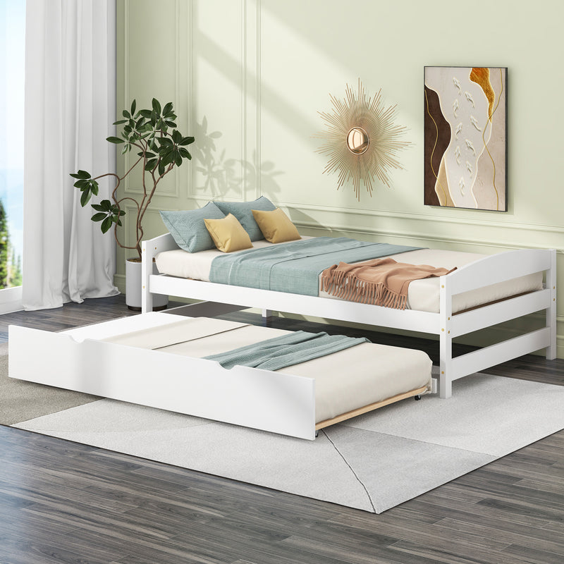 Twin Size Platform Bed with Twin Size Trundle, White