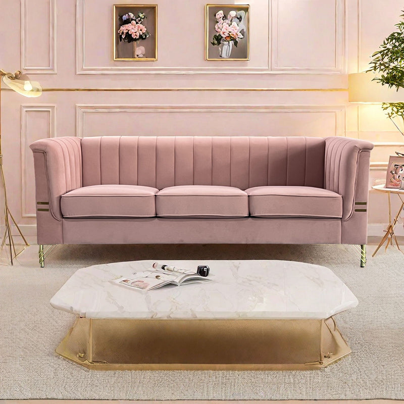 FX-P82-PK(SOFA) Modern Designs Velvet Upholstered Living Room Sofa, 3 Seat Sofa Couch With Golden Metal Legs For Home, Apartment Or Office - Pink