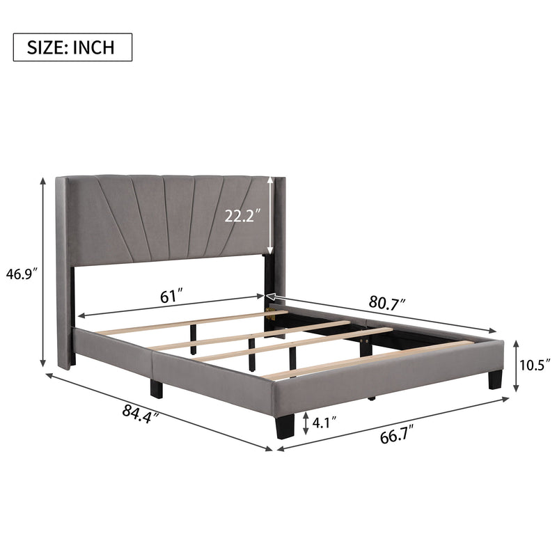 Queen Size Velvet Upholstered Platform Bed, Box Spring Needed