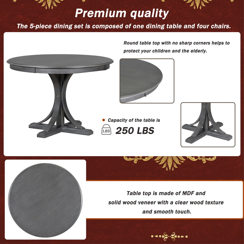 Retro Round Dining Table Set With Curved Trestle Style Table Legs And Upholstered Chairs For Dining Room