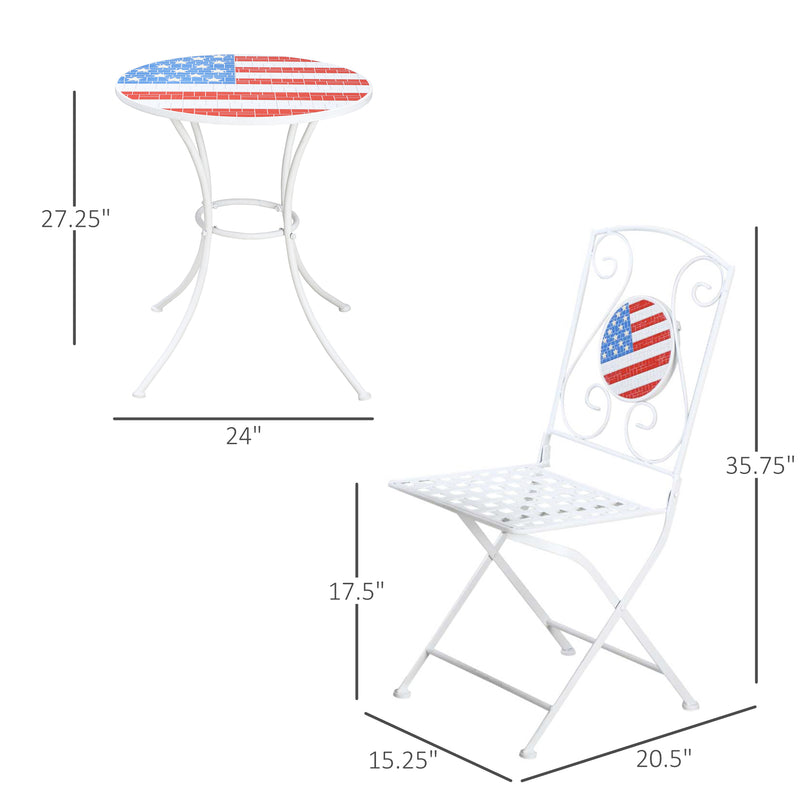 3 Piece Patio Bistro Set, Folding Outdoor Furniture with USA Mosaic Table and Chairs, 
Portable Metal Frames for 4th of July, Balcony, Backyard, Poolside, Porch, American Flag