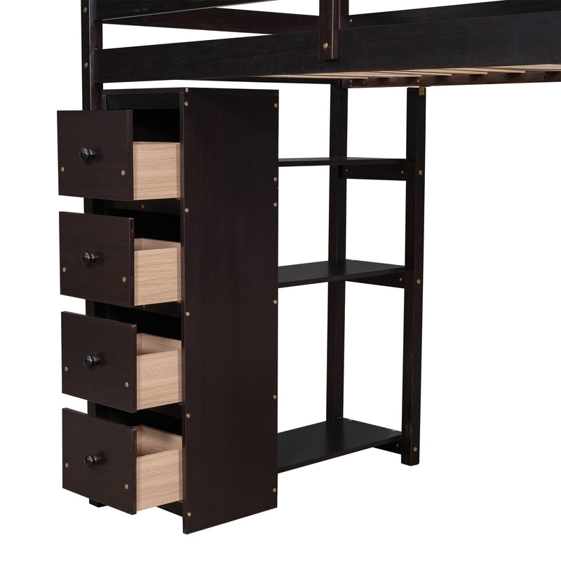 Twin size Loft Bed with Storage Drawers ,Desk and Stairs, Wooden Loft Bed with Shelves - Espresso