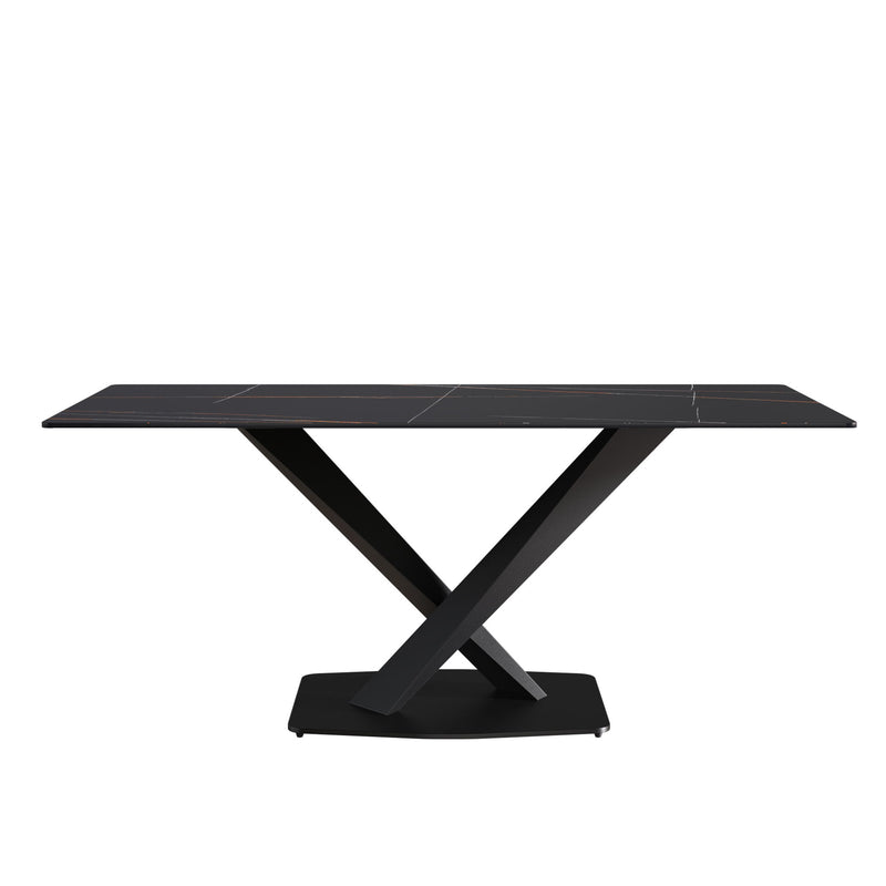 Modern Artificial Stone Straight Edge Metal Leg Dining Table, Can Accommodate 6-8 People - Black