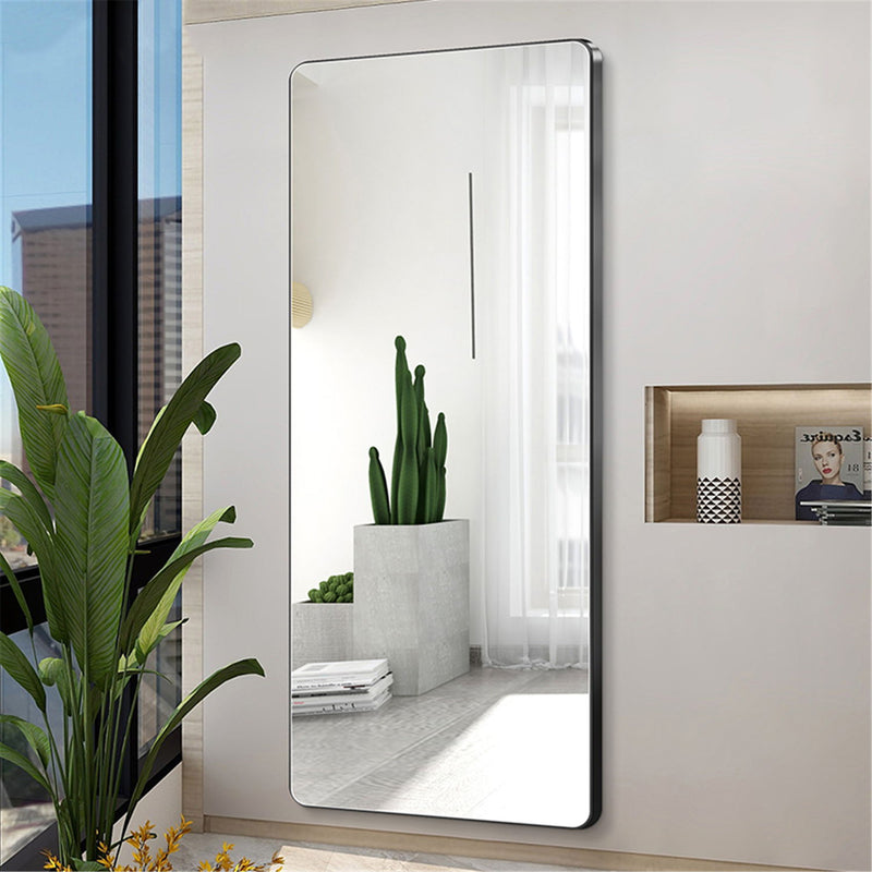 Aluminum Floor Mirror Full Length Mirrors Leaning Rounded Corner Rimless Standing Large Mirror Bedroom - Black / Silver