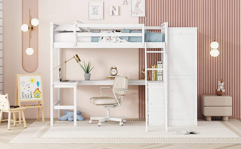 Twin size Loft Bed with Desk, Shelves and Wardrobe-White