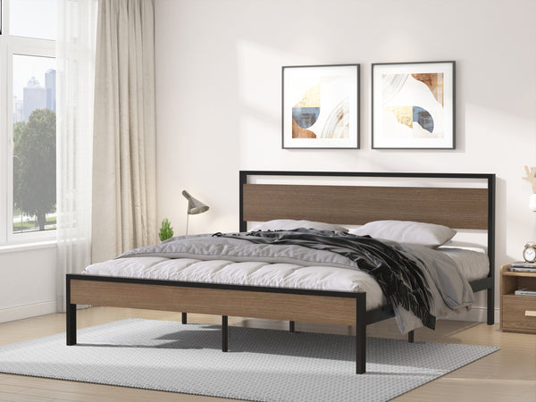 Ceres Metal Bed, Black with Cinnamon Wood Headboard&Footboard, King