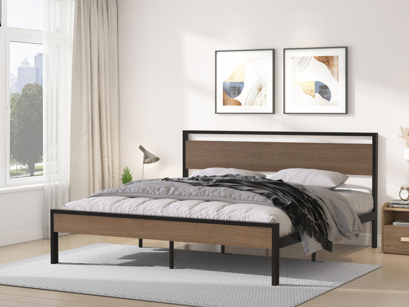 Ceres Metal Bed, Black with Cinnamon Wood Headboard&Footboard, King