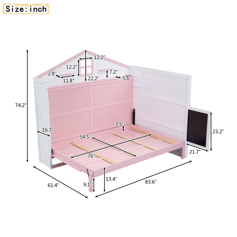 Wood Full Size House Murphy Bed with USB, Storage Shelves and Blackboard, Pink+White