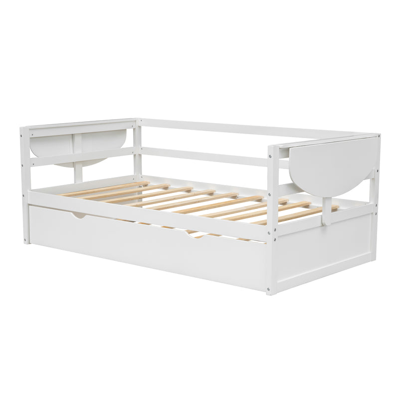 Twin Size Daybed with Trundle and Foldable Shelves on Both Sides,White