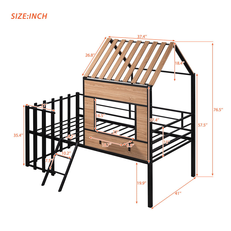 Twin Size Loft Bed With Roof, Window, Guardrail, Ladder