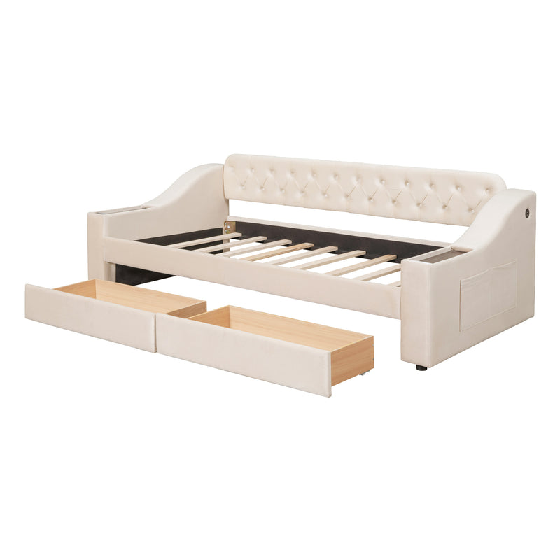 Twin Size Upholstered Daybed with Storage Armrests and USB Port, Beige