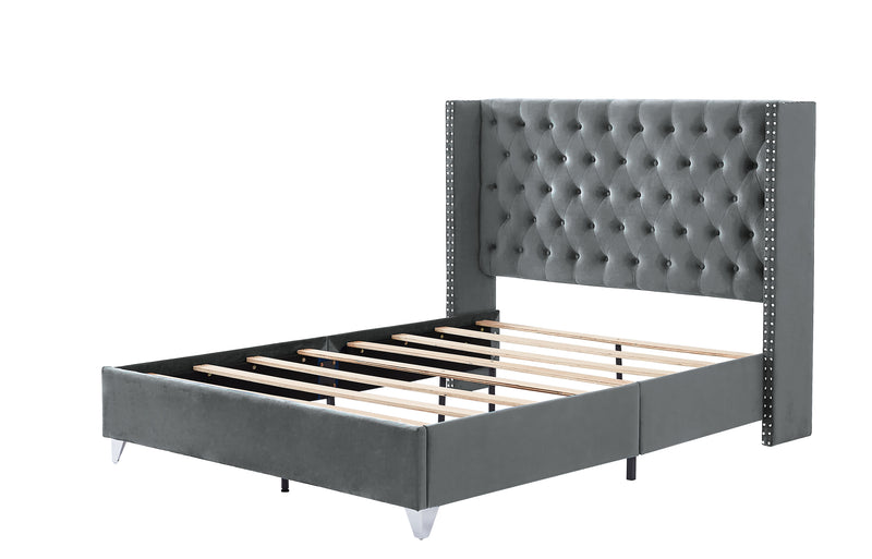 B100S Queen bed,  Button designed Headboard, strong wooden slats + metal support feet, Gray Flannelette