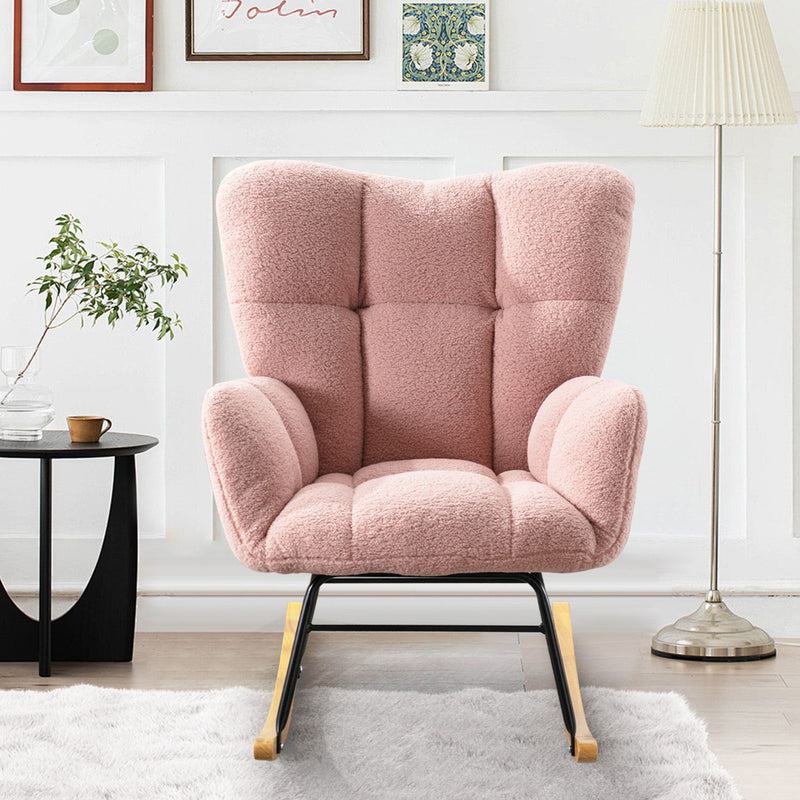 Teddy Rocking Chair, Upholstered Rocker Armchair With High Backrest, Modern Rocking Accent Chair For Nursery, Living Room