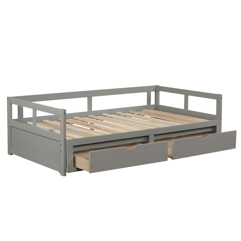 Wooden Daybed With Trundle Bed And Two Storage Drawers, Extendable Bed Daybed, Sofa Bed For Bedroom Living Room - Gray