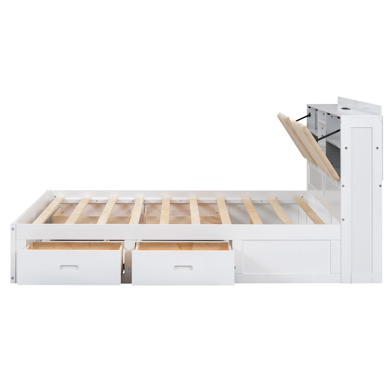 Wood Full Size Platform Bed with Storage Headboard and 4 Drawers, White