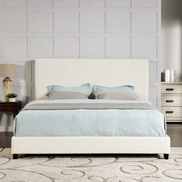 King Size Boucle Upholstered Platform Bed - White