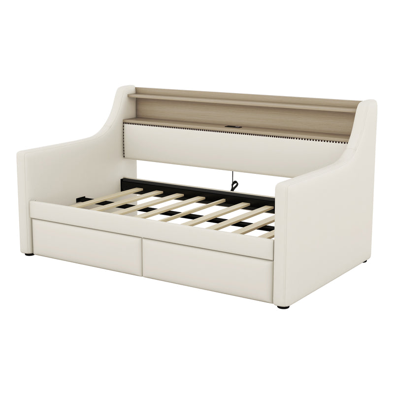 Twin Size Daybed with Storage Drawers, Upholstered Daybed with Charging Station and LED Lights, Beige (Expect arrive date: December 30th.)