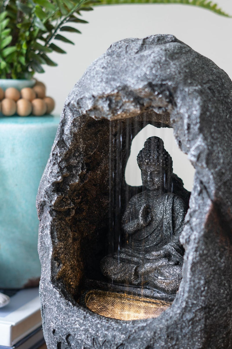 Decorative Tabletop Water Fountain With Sitting Buddha And LED Light, For Indoor Outdoor - Gray