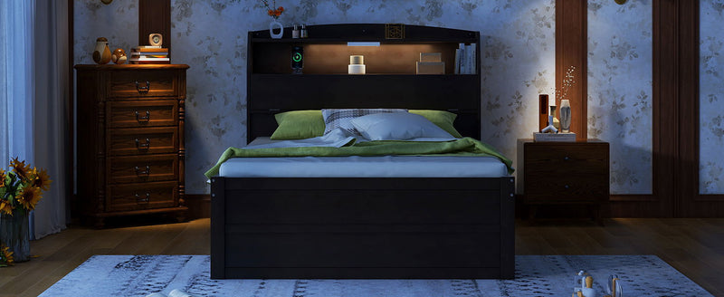 Wooden LED Platform Bed With Trundle, With Storage Headboard, With Drawers