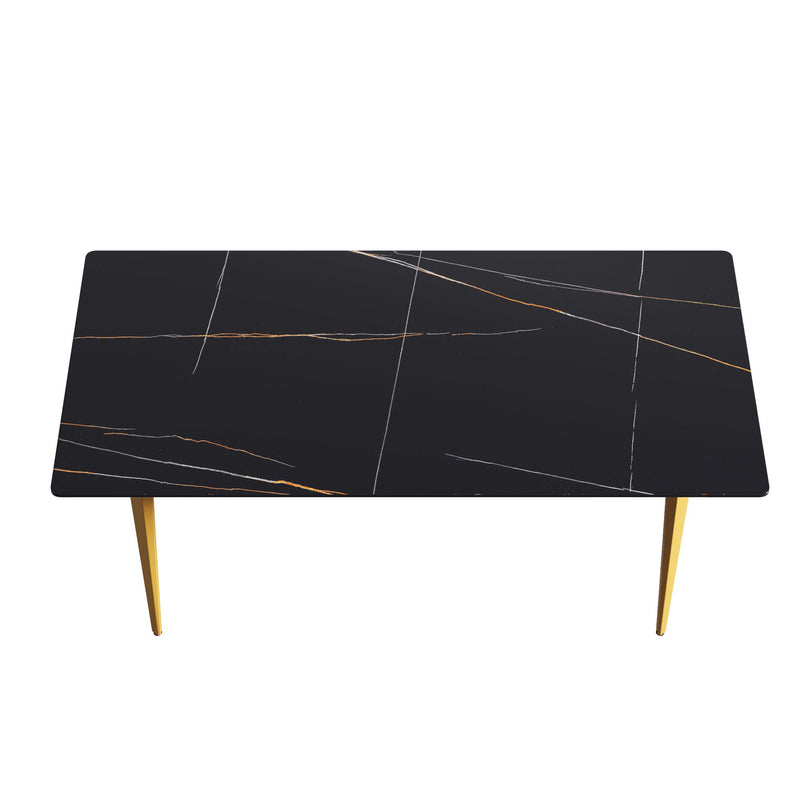 70.87" Modern Artificial Stone Straight Edge Golden Metal Leg Dining Table, Can Accommodate 6-8 People - Black