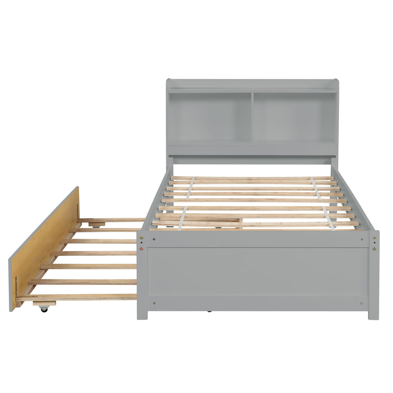 Twin Bed with Trundle,Bookcase,Grey