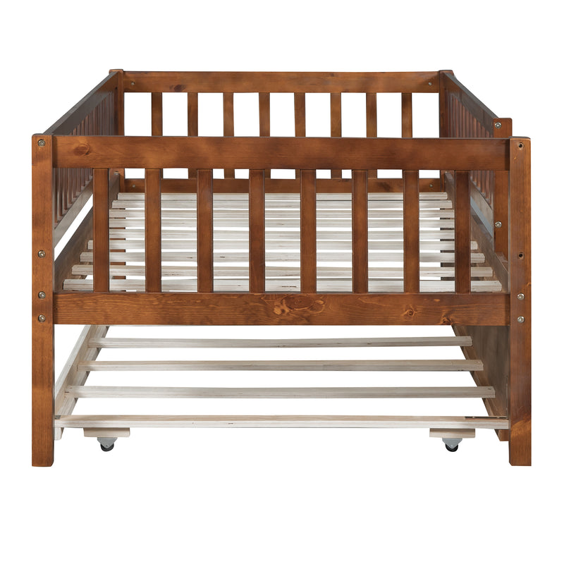 Twin Size Wood Daybed with Trundle and Fence Guardrails, Walnut