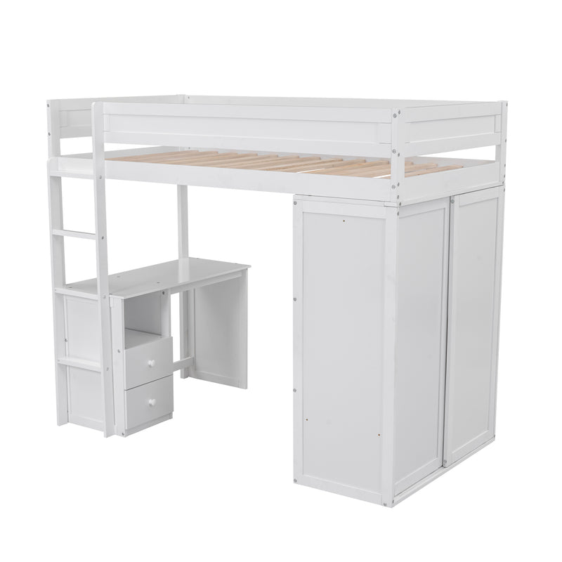 Wood Twin Size Loft Bed with Wardrobes and 2-Drawer Desk with Cabinet, White